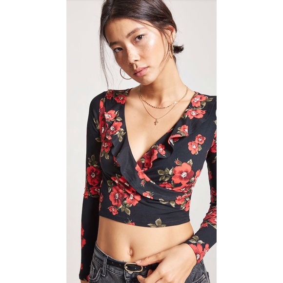 NEW Forever 21 Floral Surplice Ruffle Crop Top - Picture 4 of 8